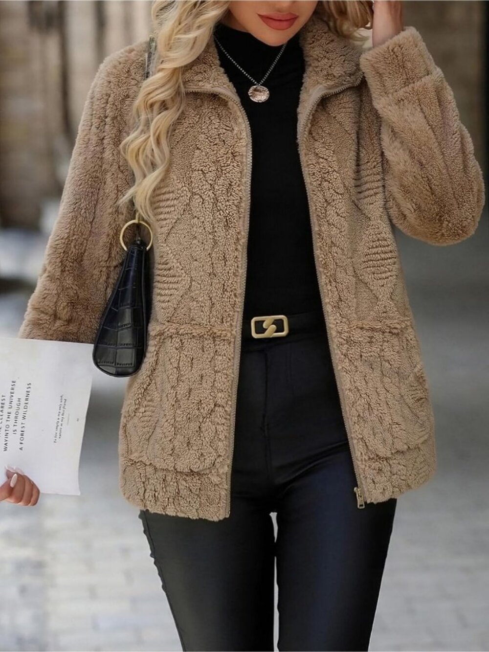 Women's Diamond Khaki Zip Stand Collar Fleece Sherpa Pockets long sleeve Jacket - Picture 5 of 6